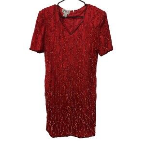 JMD Vintage Silk Sequin Dress Red Party Disco Event 80s Y2K M Short Sleeve V Nec